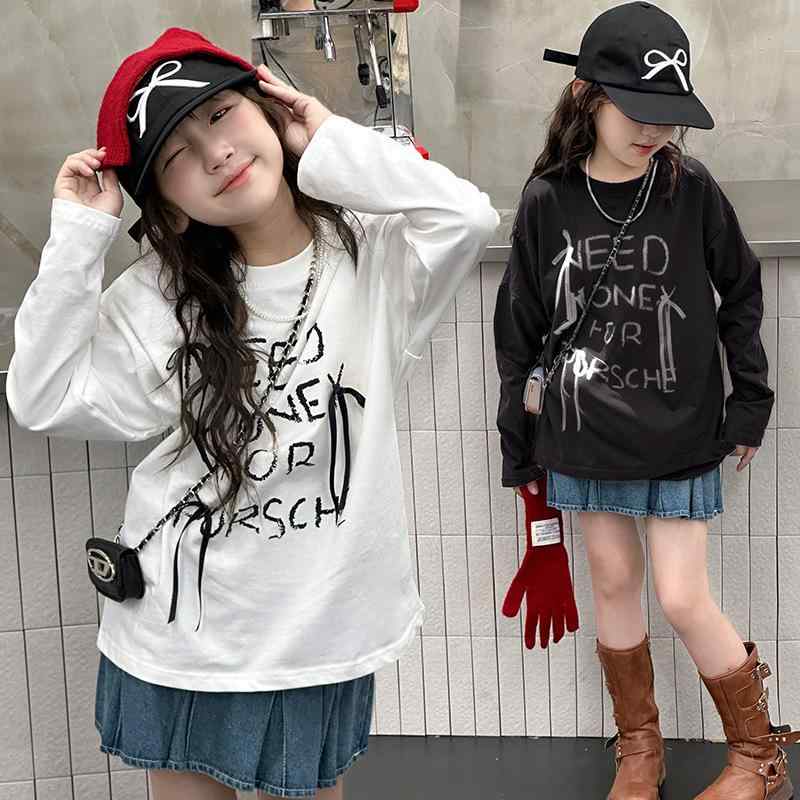 Tシャツ キッズ 長袖 春秋 子供 女の子 トップス カットソー リボン付き 綿70％ 白色 黒色 120cm 130cm 140cm 150cm 160cm 170cm(4)