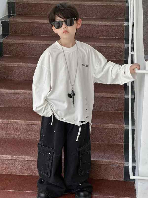 Tシャツ キッズ 男の子 子供服 長袖 コットン 春秋 薄手 トップス カットソー 白 ...