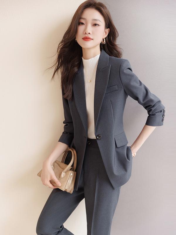 スーツ レディース 春秋 面接 オフィス ビジネス フォーマル 仕事着 高級感 テーラードジャケット パンツスーツ 黒 紺 グレー ブルー ポリエステル