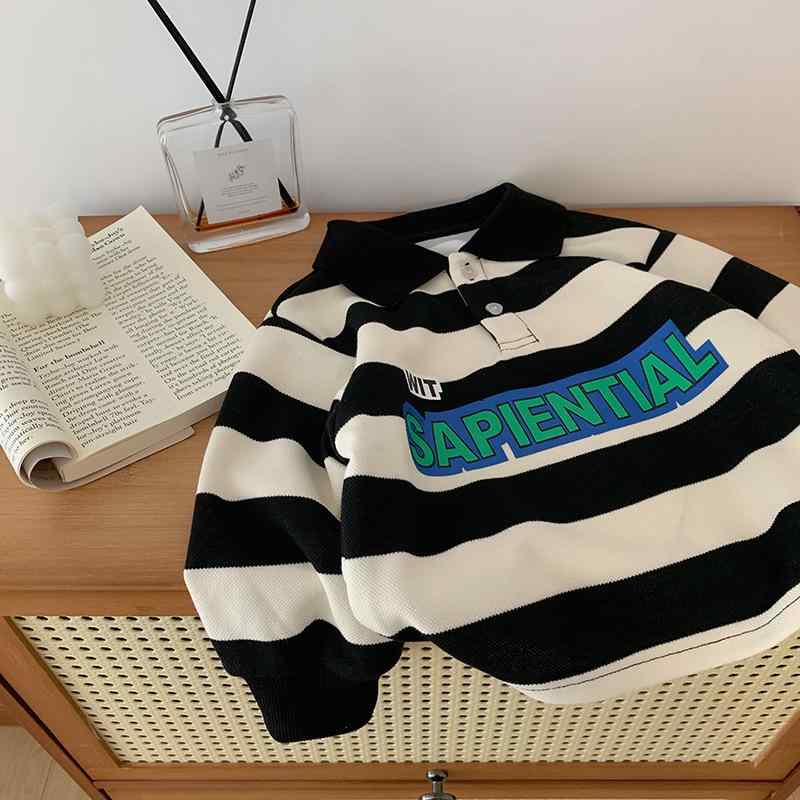 キッズ スウェット ボーイズ 春物 配色 ストライプ柄 襟付き トップス プルオーバー 長袖 男の子 子供服 普段着 100 110 120 130 140cm