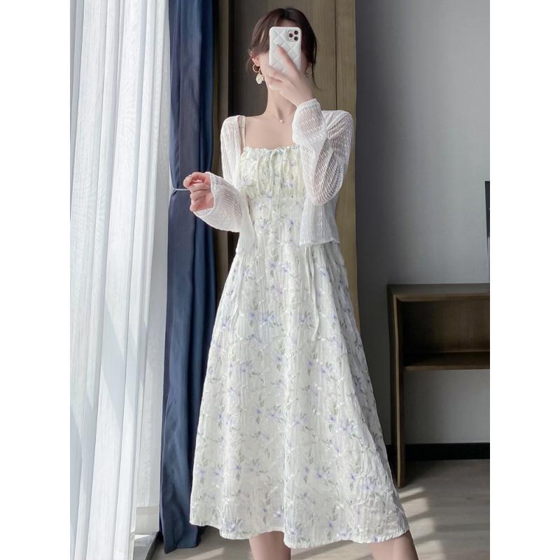 ワンピース レディース Aライン 吊りスカート ロング丈 花柄 紫 黄色 青色 街頭風 サマーワンピース リゾート