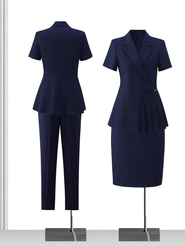 スーツ レディース 職業 サマースーツ セットアップ テーラードジャケット パンツ スカート 濃紺 ポリエステル 無地 オフィス フォーマル エレガント(4)