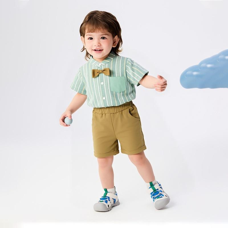 子供用セットアップ 半袖シャツ 短パン 上下セット 幼児 ベビー 男の子 ボーイズ 普段着 薄手 ストライ..