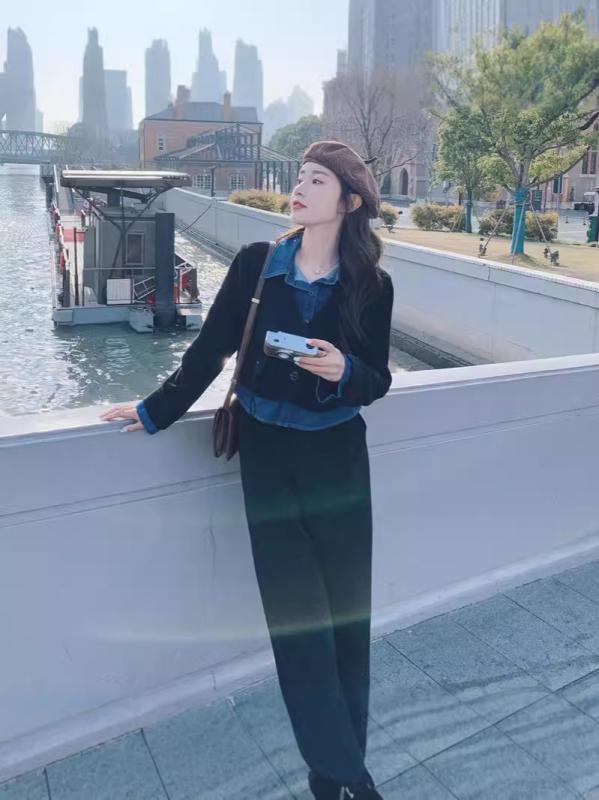 ジャケット レディース コーデュロイ デニム セットアップ 秋冬 スカート パンツ カジュアル 韓国風 ポリエステル ピンク系 ブラック(4)