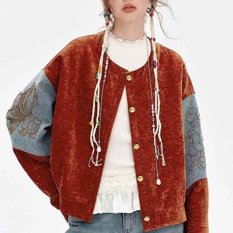 ジャケット レディース 小柄 刺繍 ベルベット 切り替え デニム 超長袖 襟なし 春物 アウター Gジャン(4)