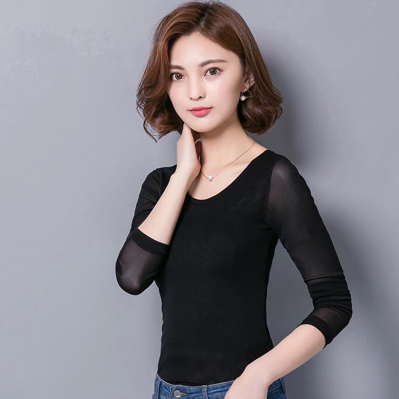 Tシャツ レディース 長袖 カットソー スリム 無地 ポリエステル チュール 切り替え 丸首 トップス 普段..