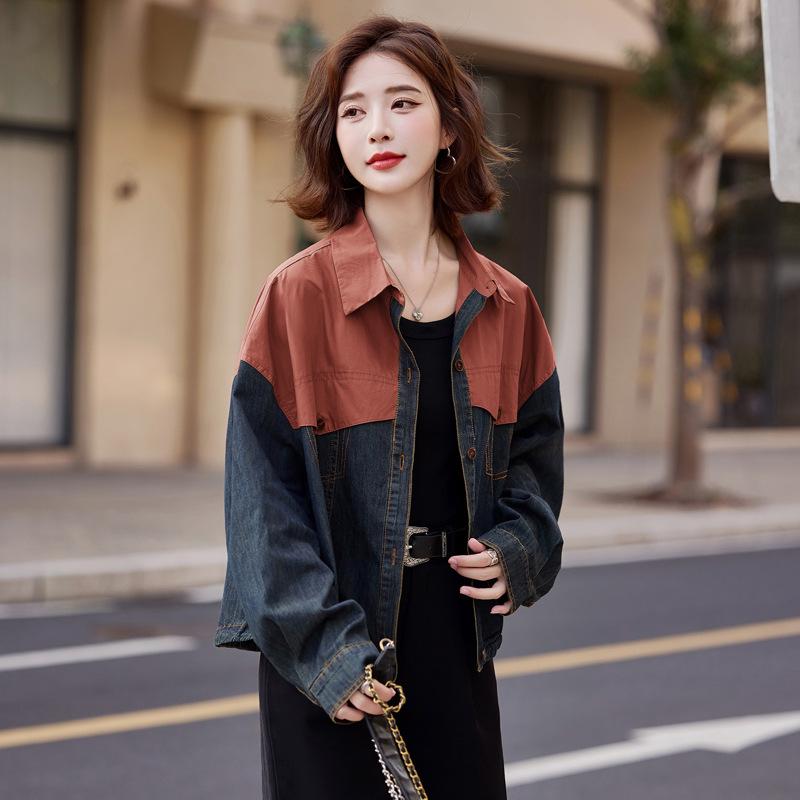 デニムジャケット レディース レトロ 配色 切り替え ショート丈 アウター 秋物 カジュアル ゆったり 長..