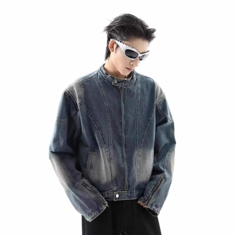 ジャケット メンズ デニム 立襟 ライダース Gジャン ブルゾン ウォッシュ加工 ユーズド加工 解体再構築風 カジュアル ストリート系 アメカジ ブルー