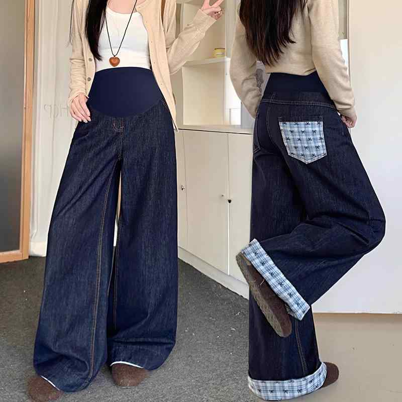 マタニティ デニム ジーンズ レディース 春秋 妊婦 ズボン パンツ ゆったり ワイド レッグ 蝶結び ロー..