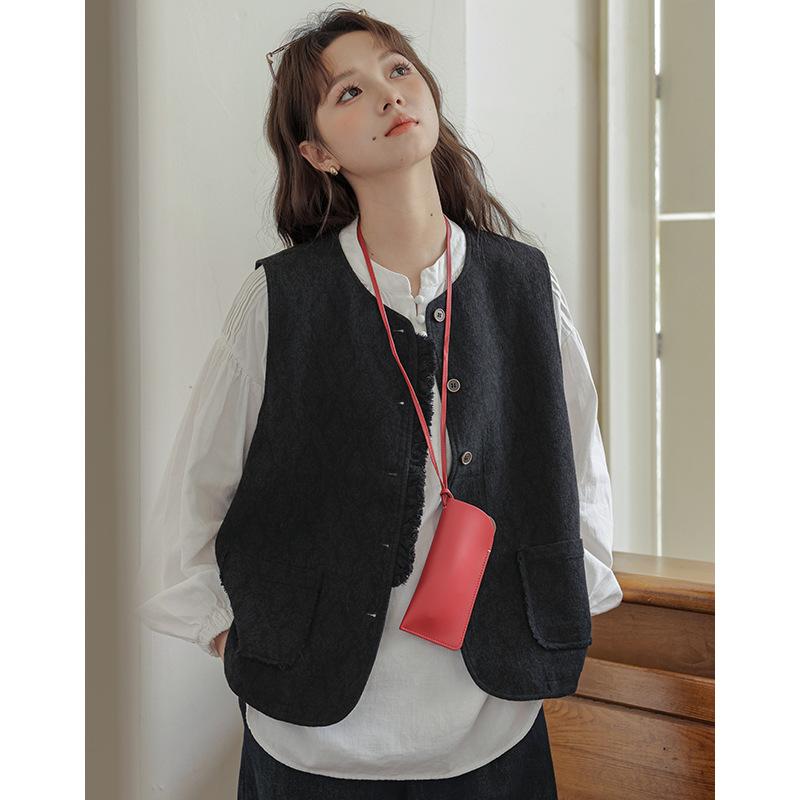 ベスト レディース 秋冬 重ね着 コットン ポリエステル ゆったり 無地 丸首 トップス ノースリーブ チョッキ 婦人服 レトロ かわいい