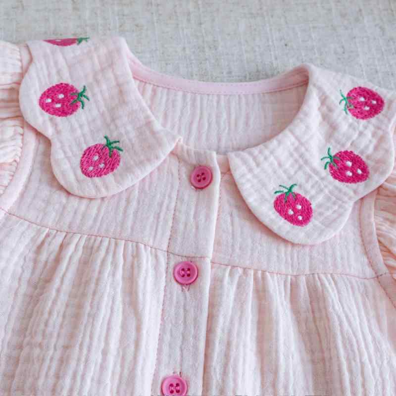 キッズ 女の子 セットアップ 夏物 半袖 シャツ ショートパンツ 上下セット かわいい いちご 刺繍 フリル 80 90 100 110 120 130 ピンク 白