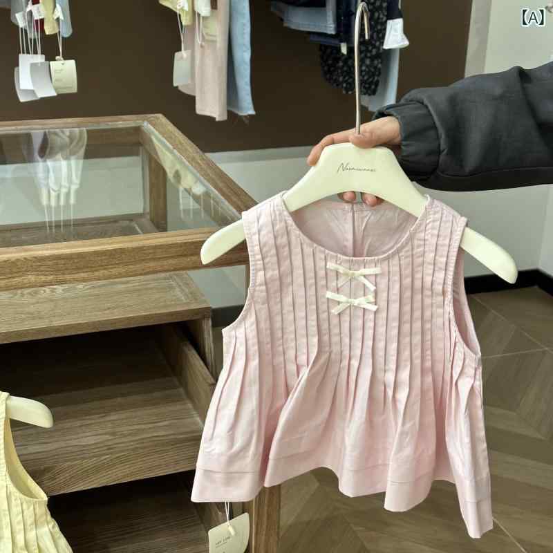 シャツ キッズ ノースリーブ ブラウス 韓国風 子供服 トップス 女の子 ギャザー フリル 無地 かわいい おしゃれ カジュアル 綿100% ピンク ブルー アイボリー ブラック 春夏