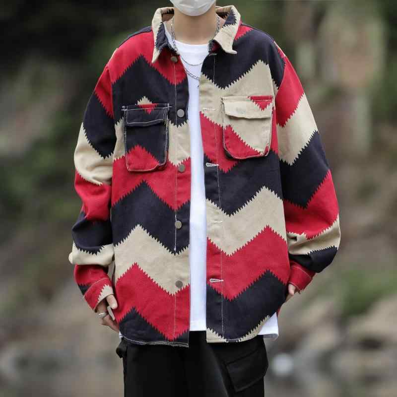 デニムジャケット メンズ レトロ 文芸 ワーク 赤色 厚手 冬物 長袖 菱格柄 ストライプ柄 Gジャン アウター