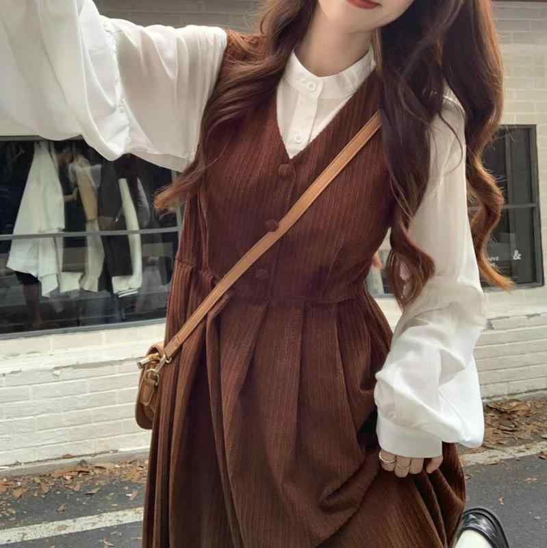 ワンピース レディース 秋冬 コーデュロイ Vネック Aライン ミモレ丈 ジャンパースカート セットアップ 長袖 ポリエステル 2点セット 通勤 ブラウン ホワ...