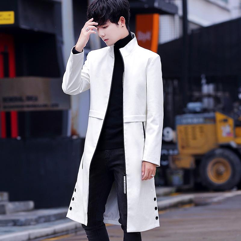 コート メンズ 男性用 レザー 薄手 秋冬 ファッション カジュアル スタンドカラー ひざ丈 アウター ブラック ホワイト