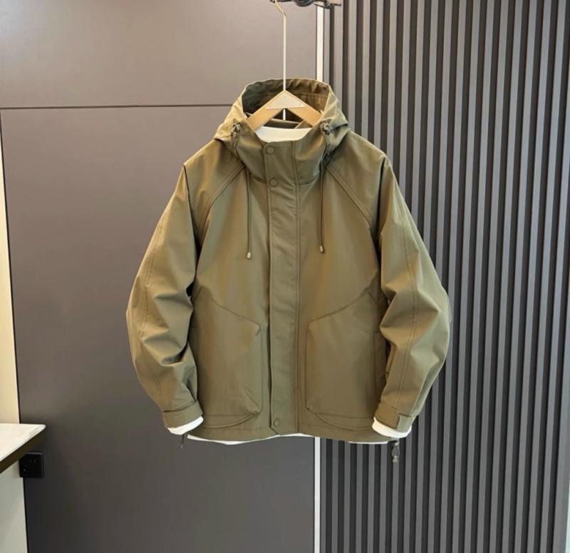 ジャケット メンズ 防風 アウター ブルゾン ジャンパー フード付き 無地 秋服 カジュアル ゆったり ワーク ブラック系 グリーン