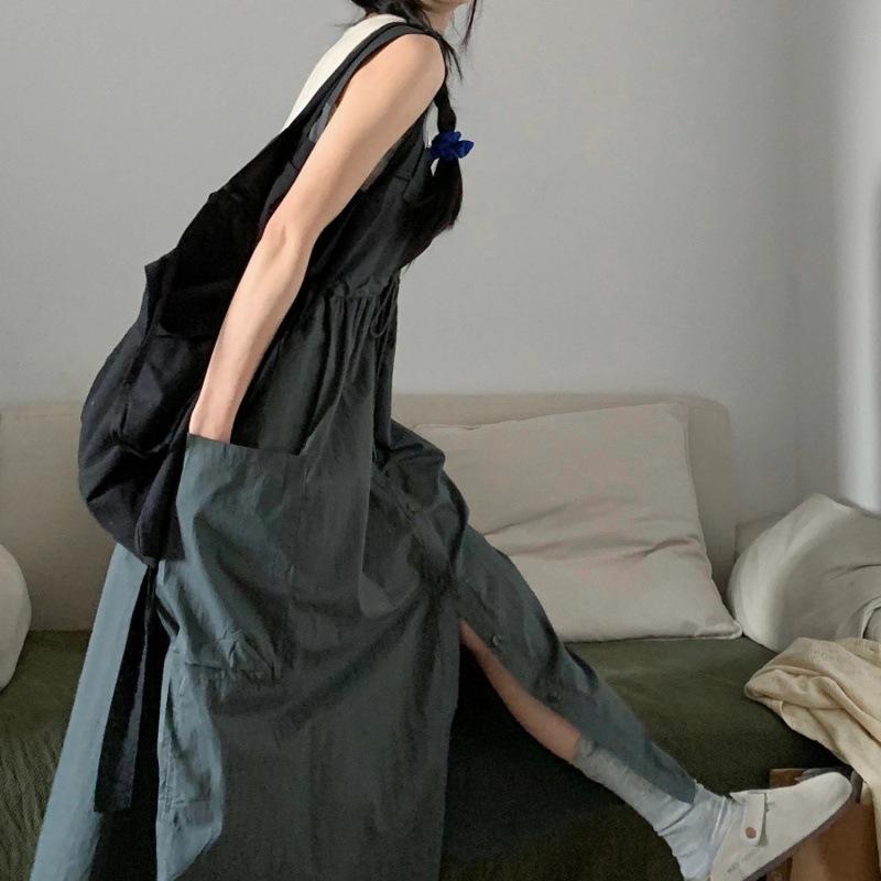 ワンピース レディース 塩系 ワーク サロペット スカート セットアップ 春夏 ノースリーブ ミモレ丈 膝..