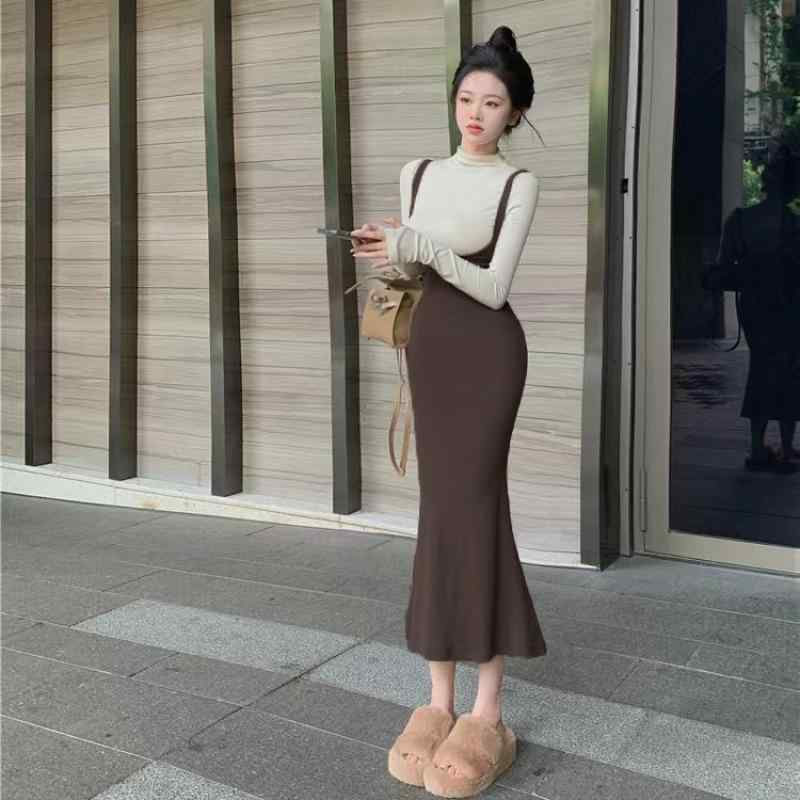 ワンピース レディース 秋冬 長袖 高見え 包臀 マーメイド ロングワンピース 2点セット 綿 ポリエステ..