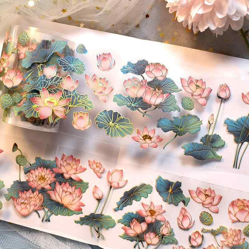 手帳用テープ レディース 和風 荷花 造形 DIY PETテープ 手帳ステッカー コラージュ素材 デコレーショ..