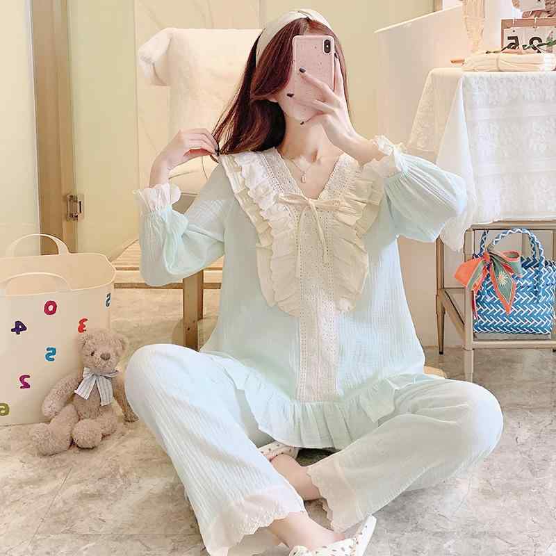 パジャマ レディース 全綿 ダブルガーゼ プリンセス かわいい 姫系 ルームウェア 上下セット Vネック 長袖 長ズボン 春夏 部屋着 涼しい 快適