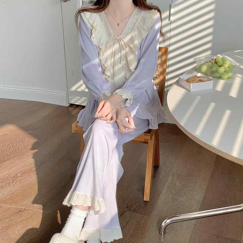 パジャマ レディース 秋冬 薄手 プリンセス ルームウェア 上下セット 長袖 長ズボン ポリエステル 部屋着 普段使い Vネック 紫