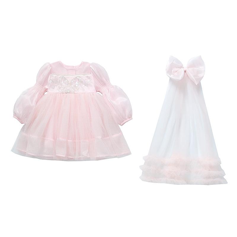 ワンピース キッズ 女の子 子供 春秋 ポリエステル プリンセス ベージュ ピンク かわいい チュールスカ..