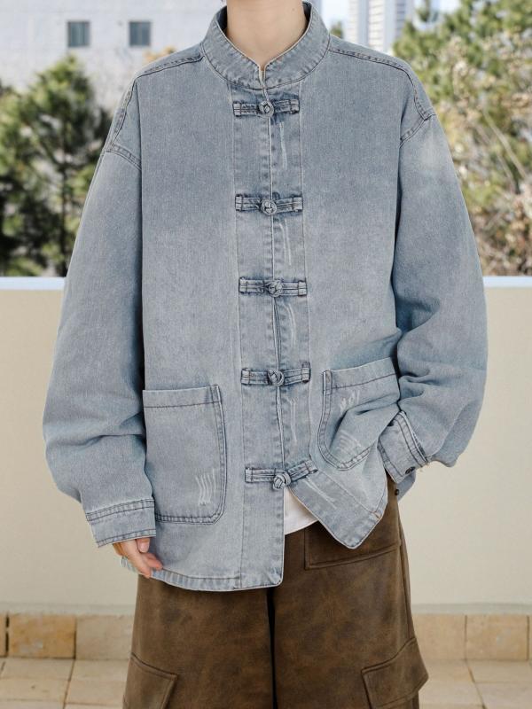 ジャケット 男性用 デニム 立襟 チャイナボタン 春秋 薄手 耐摩耗 聚酯纤维(4)