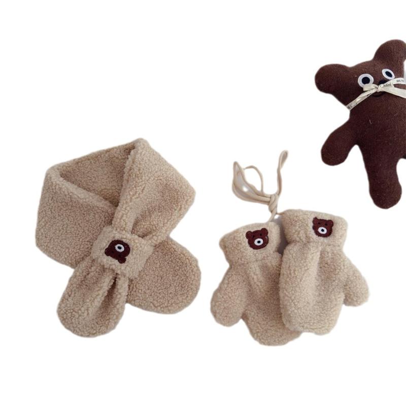 手袋 キッズ ベビー 冬用 防寒 羊羔绒 ミトン 手袋 ネックウォーマー セット ベージュ カーキ コーヒー..