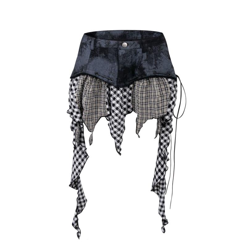 スカート レディース 春夏 チェック柄 デニム 切り替え ミニスカート タイトスカート 普段使い 街頭風 ブラック ピンク系