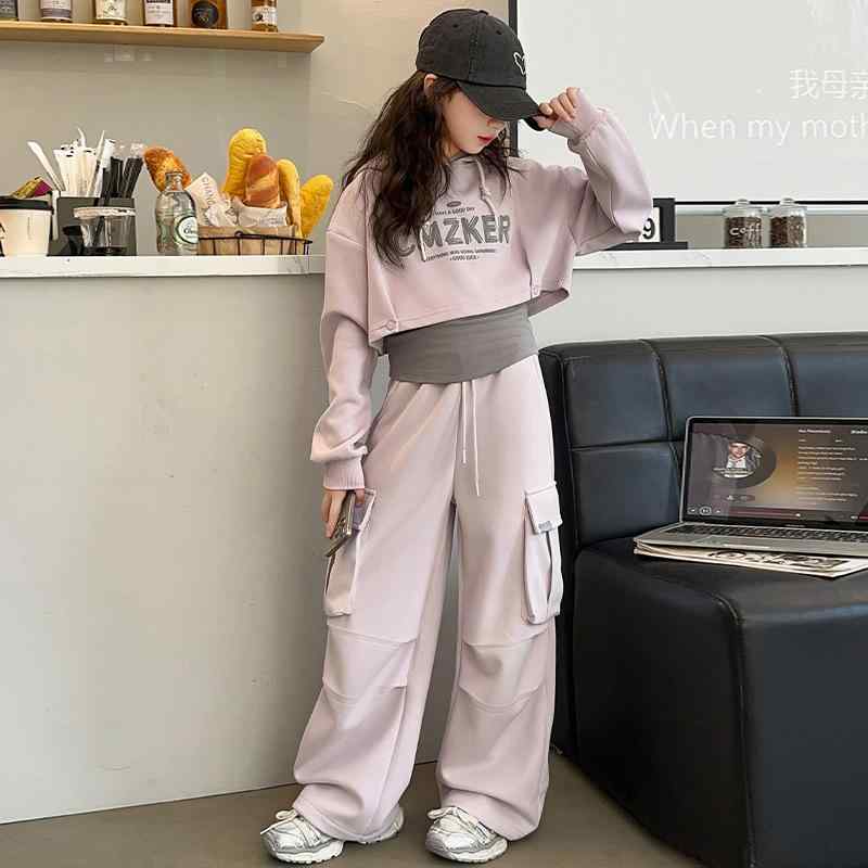 子供用スウェットセットアップ ガールズ 春秋用 パーカー ワイドパンツ 3点セット カジュアルウェア 綿混紡 ピンク系 パープル系