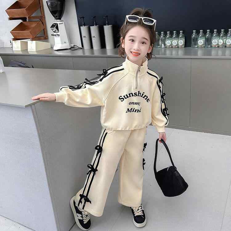 キッズ 女の子 パンツセットアップ ジャージ 上下セット 長袖 スウェット ズボン スポーツ ウェア 普段着 部屋着 レッスン着 練習着 杏色