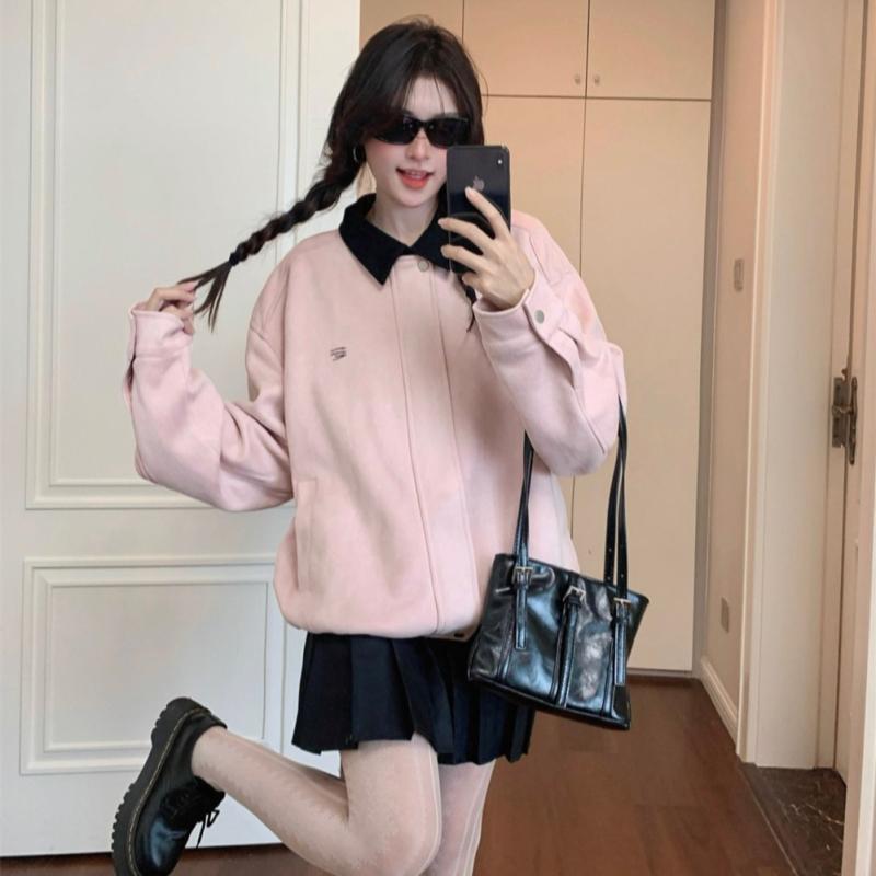 ジャケット レディース かわいい ピンク系 配色襟 長袖 ゆったり 普段使い アウター(4)