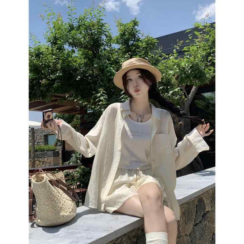 セットアップ レディース 韓国風 長袖シャツ キャミソール ショートパンツ 3点セット ポリエステル ゆったり 普段使い 通勤 接触冷感 ブルー