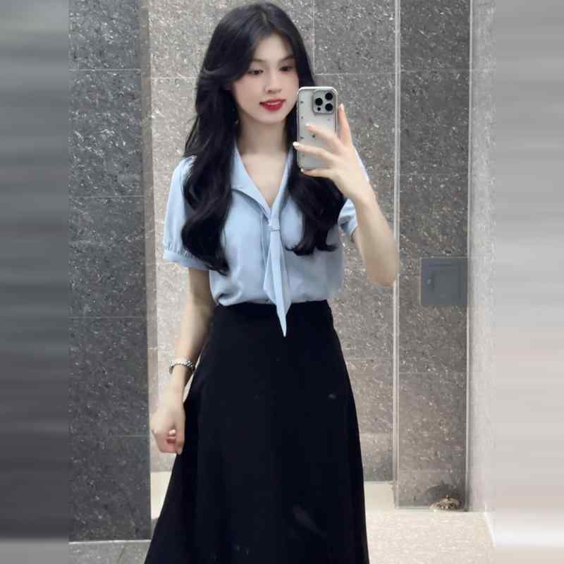 ワンピース レディース フォーマル 通勤スタイル 膝下丈 ポリエステル ブルー系シャツ 黒スカート エレガント 上品 きれいめ 大人女子 オフィスカジュアル