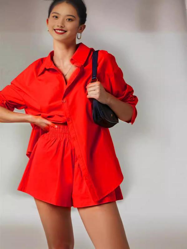 セットアップ レディース 長袖シャツ ショートパンツ カジュアル 普段使い リラックス ウェア 部屋着 オレンジ ピンク系 ゆったりサイズ