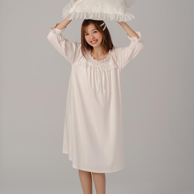 ワンピース レディース 春秋 プリンセス風 ルームウェア 部屋着 白 接触冷感 ゆったり M L