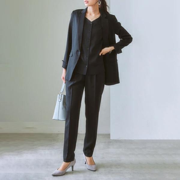 ジャケット レディース フォーマル スーツ 3点セット：ベスト パンツ 長袖 コットン ポリエステル混紡 快適 紺色 グレー ベージュ ブラック S M L XL 2XL 3XL 4XL 5XL 春秋 カジュアル
