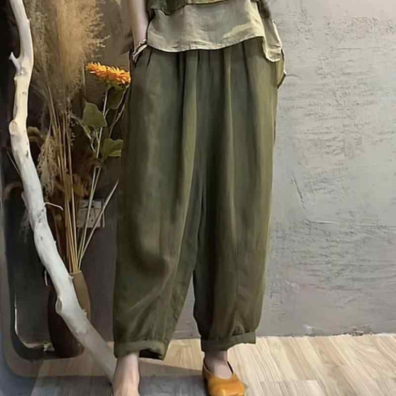 セットアップ レディース 夏物 綿麻 上下セット プリント 切り替え ハーレムパンツ 9分丈 3分袖 トップ..