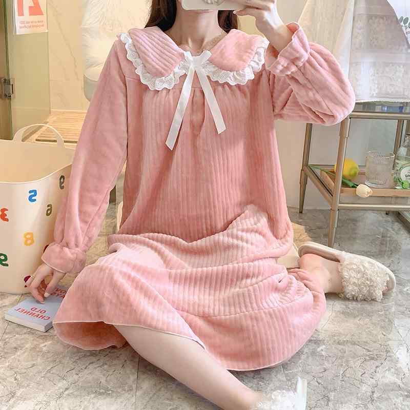 ルームウェア レディース 秋冬 パジャマ ワンピース かわいい 襟付き プリンセス風 フランネル 暖か 妊..