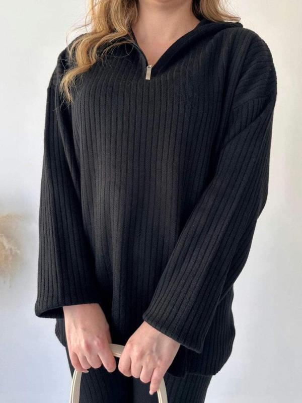 ニット セットアップ レディース パンツ 長袖 プルオーバー 無地 ハイネック 伸縮性 ポリエステル カジ..