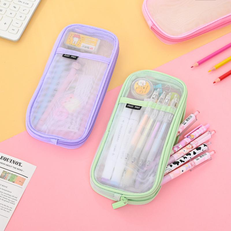 ペンケース レディース メンズ ナイロン 大容量 透明 メッシュ 筆箱 文房具 ポーチ カジュアル ブラッ..