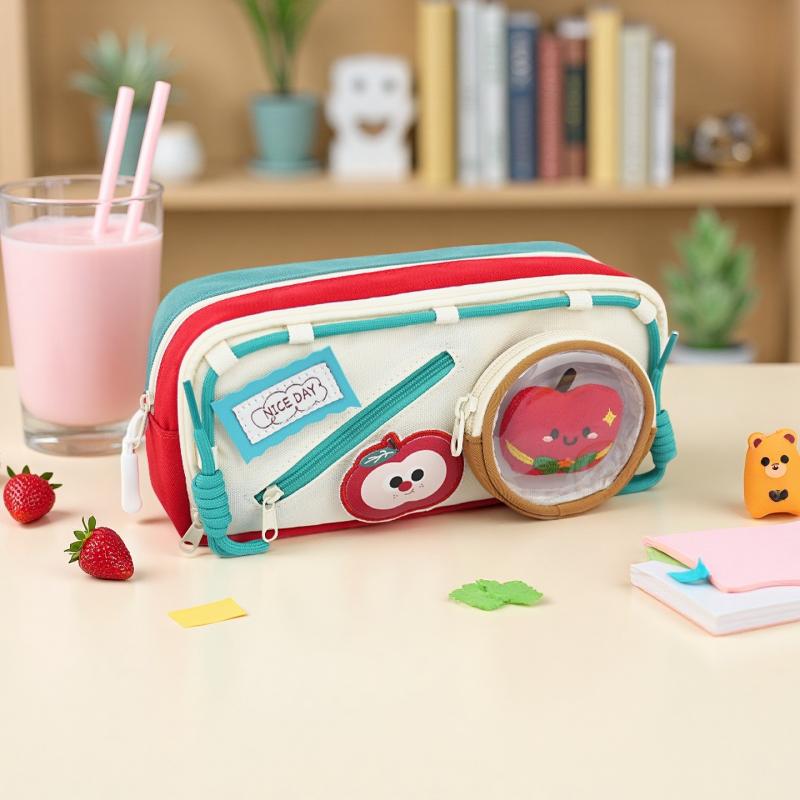 ペンケース かわいい 女の子 子供 大容量 ポリエステル製 文具袋 筆箱 赤色 緑色 コーヒー色 ぬいぐる..