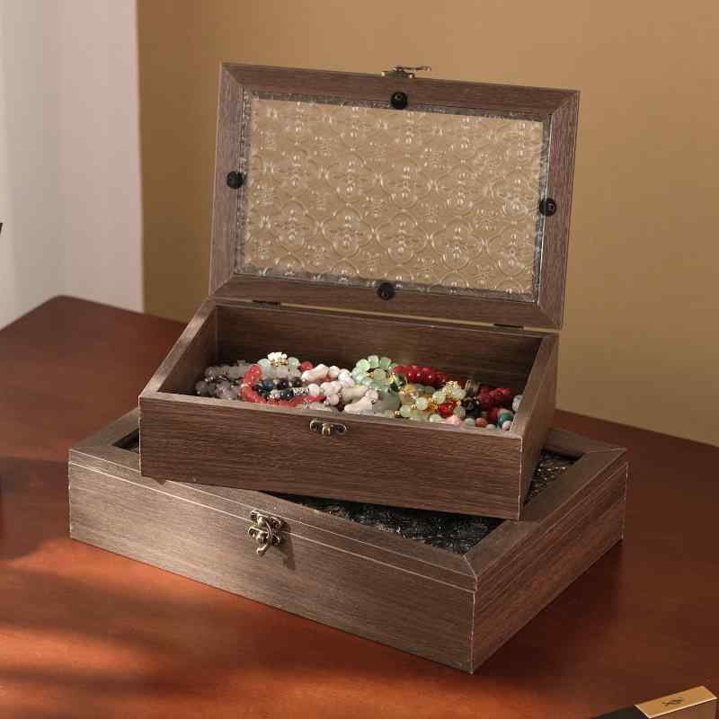 木製収納ボックス レディース 卓上小物入れ 海棠花柄 ガラス蓋付き アクセサリーケース コスメ収納 新..