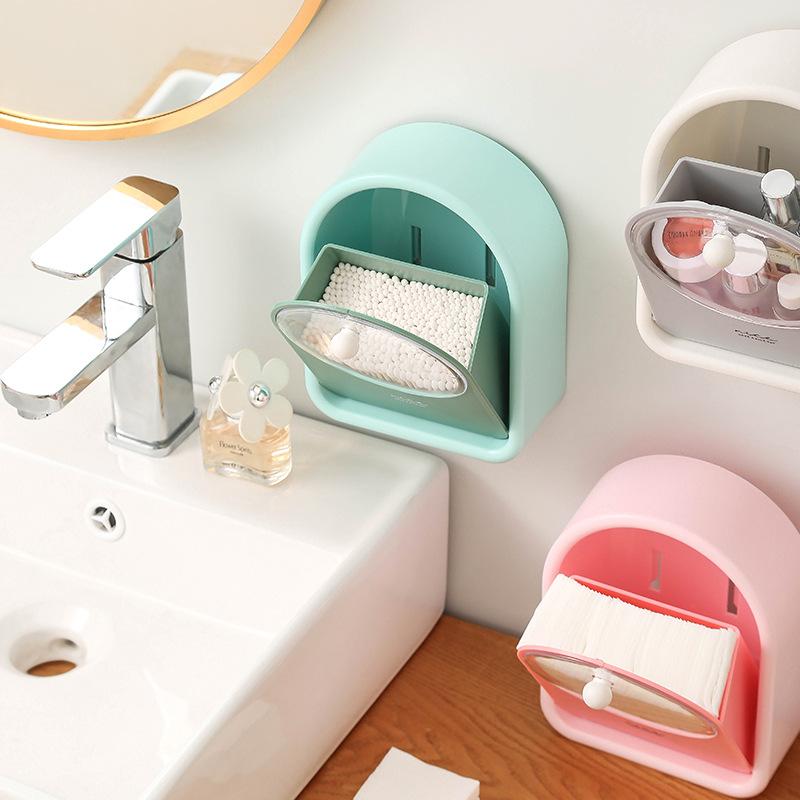 コスメ収納ボックス 壁掛け フラップ式 メイク落とし コットン 綿棒 ケース 整理 小物入れ 浴室 洗面所..