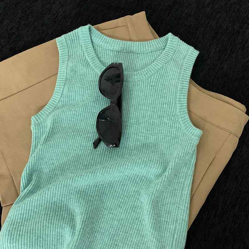 タンクトップ レディース ミントグリーン 接触冷感 ニット スリム 無袖 トップス 普段使い