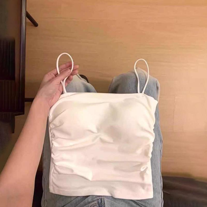 キャミソール レディース 一字襟 コットン チューブトップ ブラパッド付き 美背 ギャザー入り スリム ..