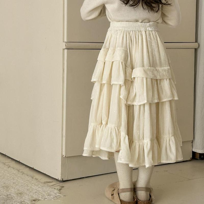 スカート キッズ 女の子 秋冬 ベルベット 不規則 プリンセス ケーキスカート フリル ギャザー ポリエス..