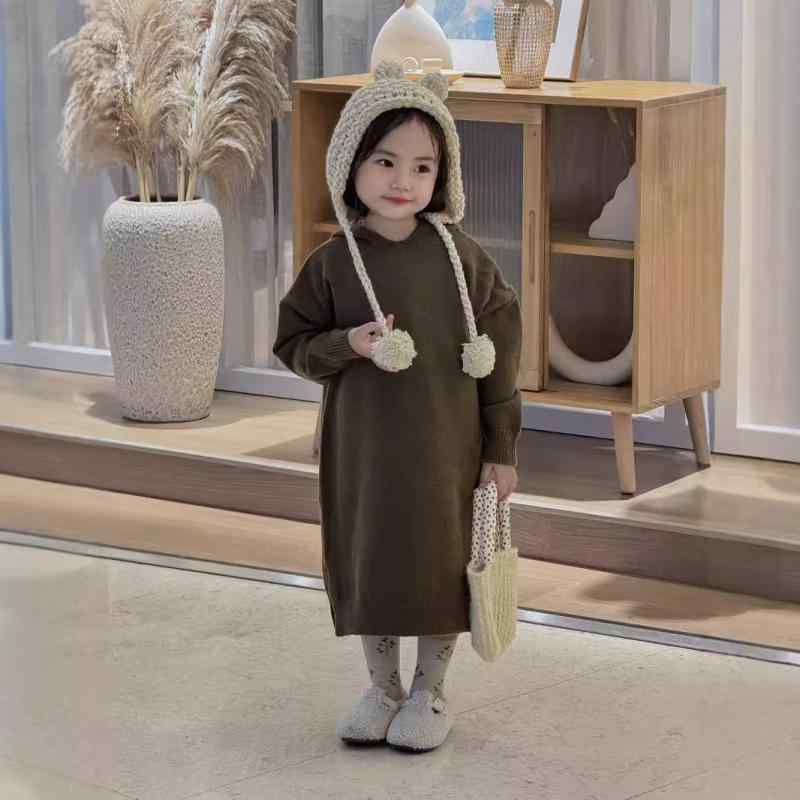 ワンピース キッズ 女の子 子供 ニット 長袖 Aライン チュニック 秋冬 綿 100 110 120 130 140 杏色 茶色 フード付き 襟付き かわいい 普段使い