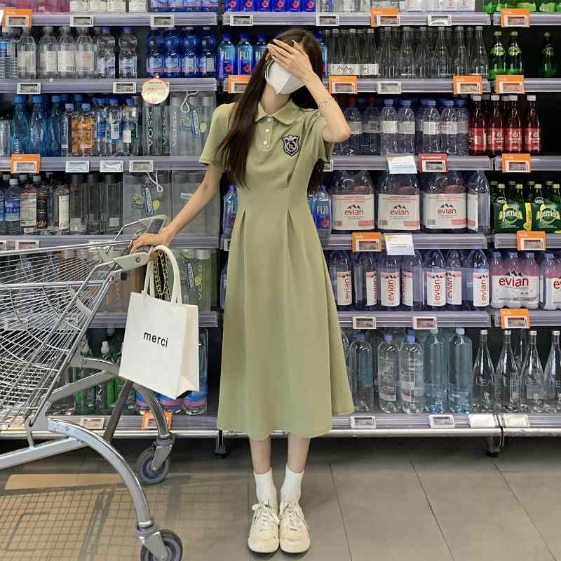 ワンピース レディース 春夏 半袖 Aライン POLO襟 コットン 膝丈 無地 韓国風 かわいい おしゃれ 高見え 着痩せ ドッキング カジュアル 普段使い デート S M L XL 2XL