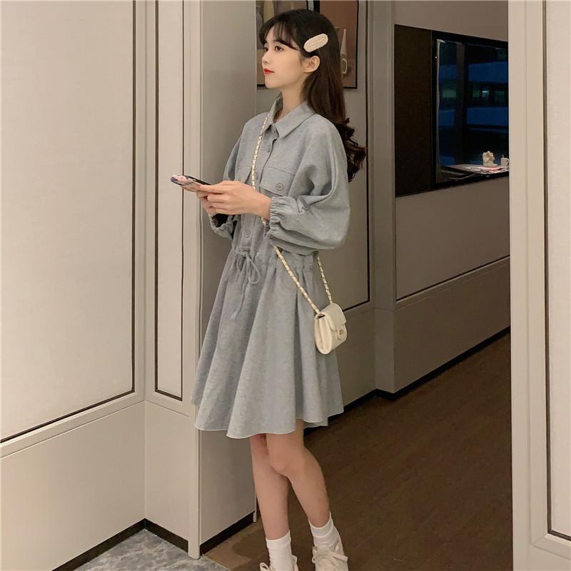 ワンピース レディース 春秋 POLOネック 長袖 Aライン ミニワンピース 韓国風 ハイウエスト 着痩せ グレー ブラック